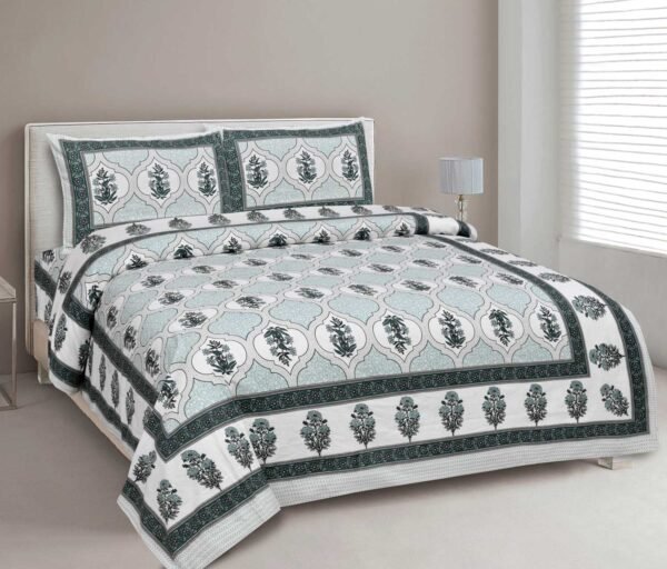 Elegance- Jaal Mughal Printed Double Bedsheet Set (100% Cotton, Green base)