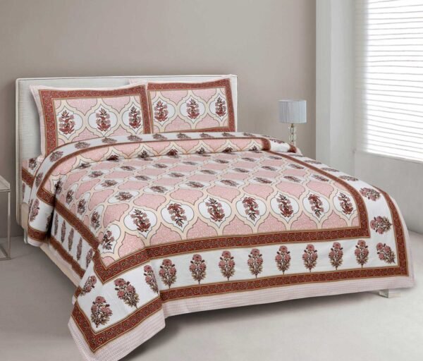 Elegance- Mughal Jaal Printed Cotton Double Bedsheet Set (Pink, 90x108)