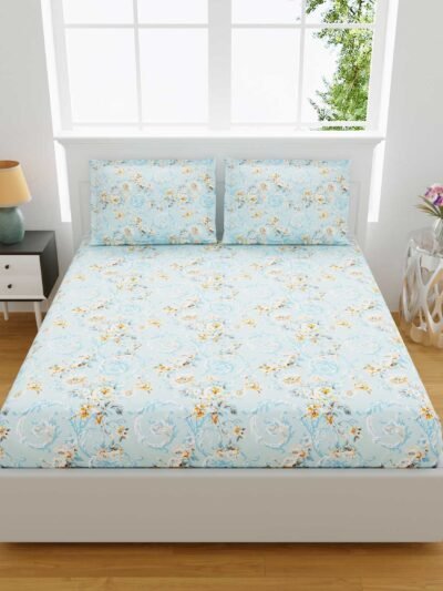 Daisy- Blue Floral Premium Cotton King Size Bed Sheet Set (King Size)