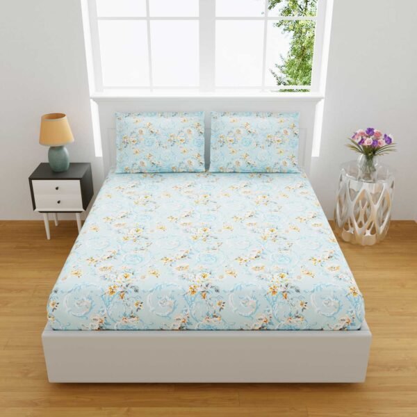 Daisy- Blue Floral Premium Cotton King Size Bed Sheet Set (King Size)