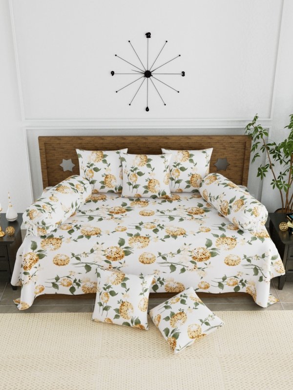 Floral Cotton Diwan Set Bedsheet, Bolster, & Cushion Covers- Set of 8 Pieces