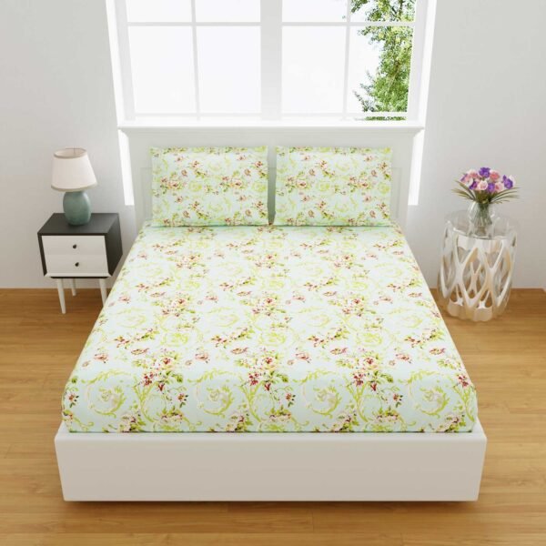 Daisy- Green Floral Premium Cotton King Size Bed Sheet Set (King Size)
