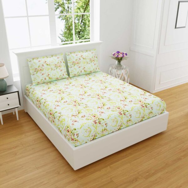 Daisy- Green Floral Premium Cotton King Size Bed Sheet Set (King Size)