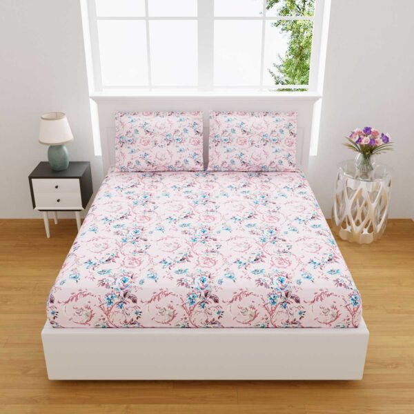 Daisy- Pink Floral Premium Cotton King Size Bed Sheet Set (King Size)