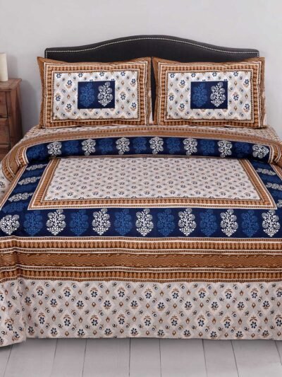 Bagru Prints Pure Cotton Double Bedsheet With 2 Pillow Covers (King Size, Cream Base)