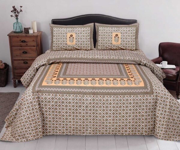 Bagru Prints Pure Cotton King Size Bedsheet With 2 Pillow Covers (Brown, Cream) - (100x108inches)