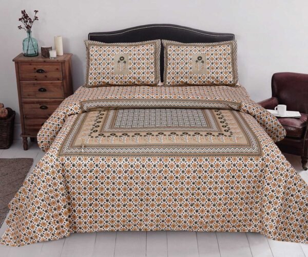 Bagru Prints Pure Cotton Double Bedsheet With 2 Pillow Covers (King Size, Brown)
