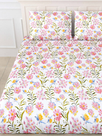 Diva - Soft Glace Cotton King Size Bed Sheet Set (White Base)