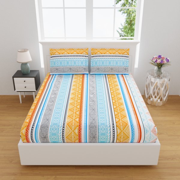 Daisy-Yellow Blue Premium Cotton King Size Bed Sheet Set (King Size)