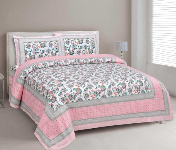 Pink Floral Print Bedsheet With 2 Pillow Covers (100% Cotton, 250TC)