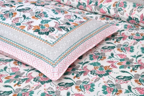 Pink Floral Print Bedsheet With 2 Pillow Covers (100% Cotton, 250TC)