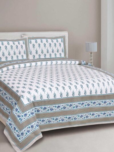 Block Print Double Bedsheet ( 100% Cotton, Blue, White)