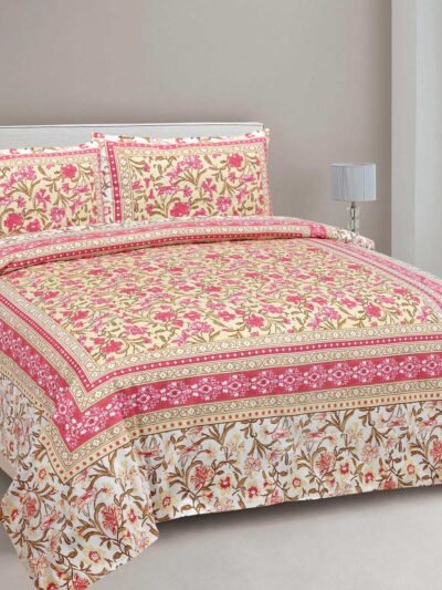 Floral 210 TC Double Bedsheet | 100% Cotton | Pink, Yellow | 2 Set of Pillow covers TC