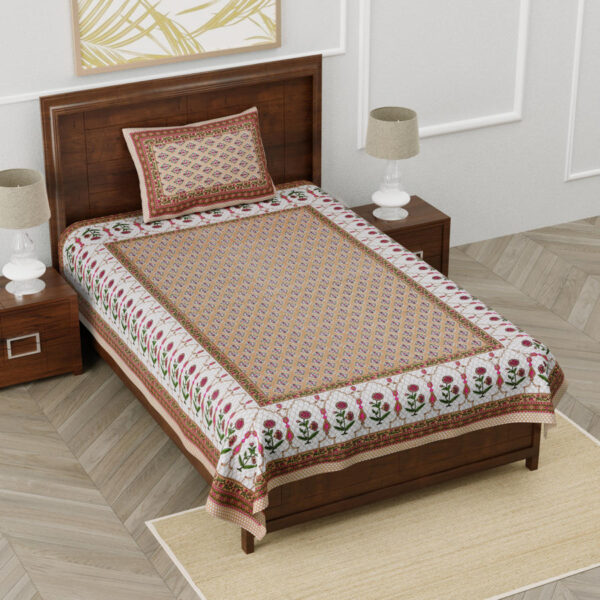 Jaipuri Print Brown Base 100% Cotton Single Bedsheet