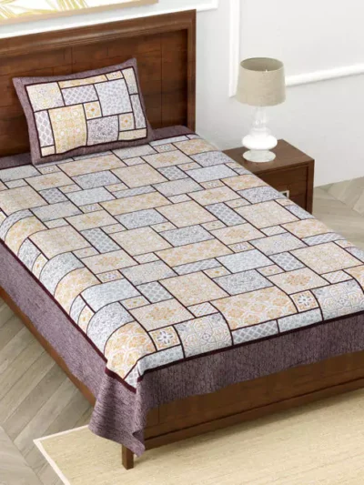 Geometric Style Jaipuri Print Brown Base 100% Cotton Single Bedsheet(1 Pillow Cover)