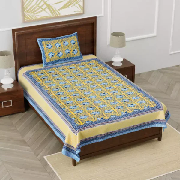 Jaipuri Floral Print Yellow Base Cotton Single Bedsheet(1 Pillow Cover)