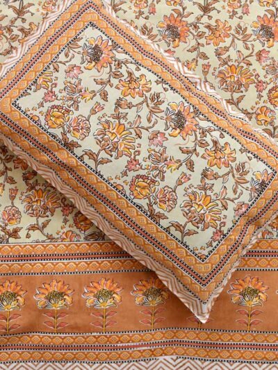 Baageecha - Jaipuri Prints Cotton Double Bedsheet With 2 Pillow Covers (Orange)