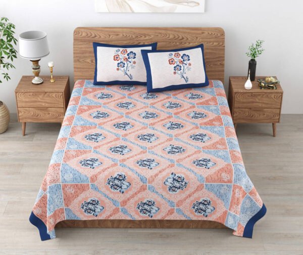 Tulip - Floral Jaal Print Pure Cotton Queen Size Bedsheet(Orange, Blue), with 2 pillow covers