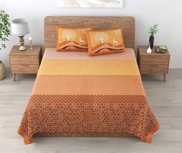 Cosmo – Geometric Print Queen Size Bedsheet With 2 Pillow Covers (Orange, Yellow)