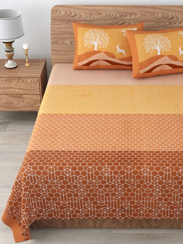 Geometric Print Pure Cotton Queen Size Bedsheet with 2 Pillow Covers (Orange, Yellow, Peach)