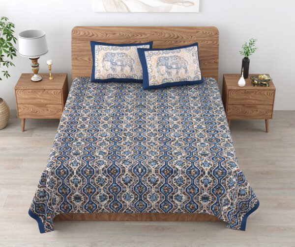 Tulip - Jaal Printed Pure Cotton Queen Size Bedsheet with 2 Pillow Covers (Blue, Cream)