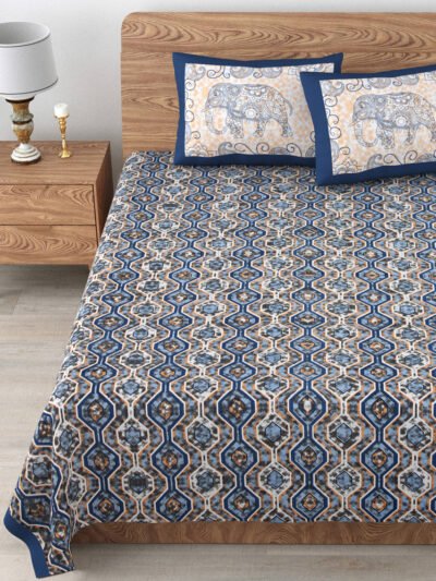 Tulip - Jaal Printed Pure Cotton Queen Size Bedsheet with 2 Pillow Covers (Blue, Cream)
