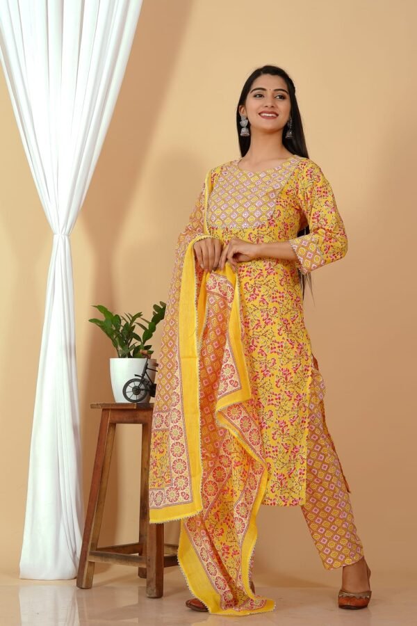 Women Yellow Floral Printed Regular Pure Cotton Kurti Set with Pant & With Dupatta