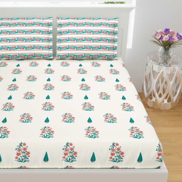 Daisy- Premium Cotton King Size Bed Sheet Set (Cream Base, Blue)