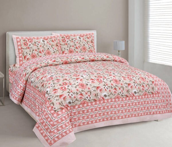 Baageecha- Jaipuri Prints Cotton King Size Bedsheet With 2 Pillow Covers (Pink, Beige)