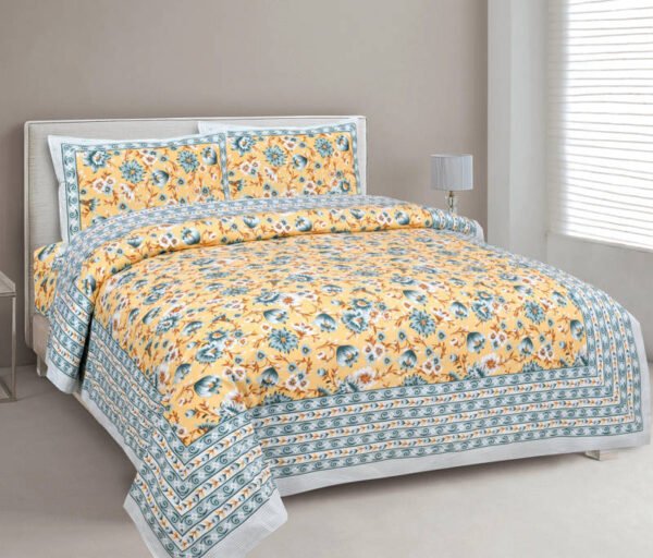 Baageecha- Jaipuri Prints Cotton King Size Bedsheet With 2 Pillow Covers (Yellow)
