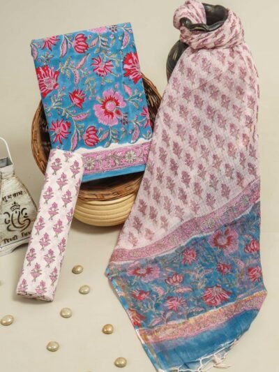 Block Printed Cotton Suit with Kota Doria Dupatta, Blue, Red