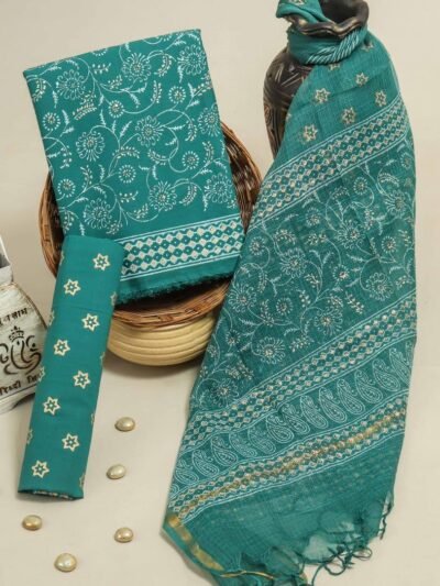 Block Printed Cotton Suit with Kota Doria Dupatta, Cyan, Cream