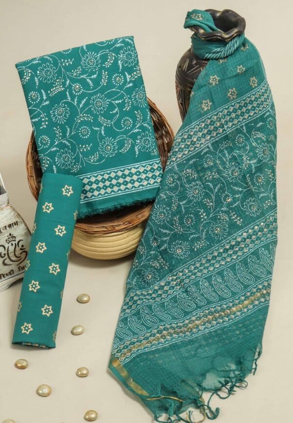 Block Printed Cotton Suit with Kota Doria Dupatta, Cyan, Cream