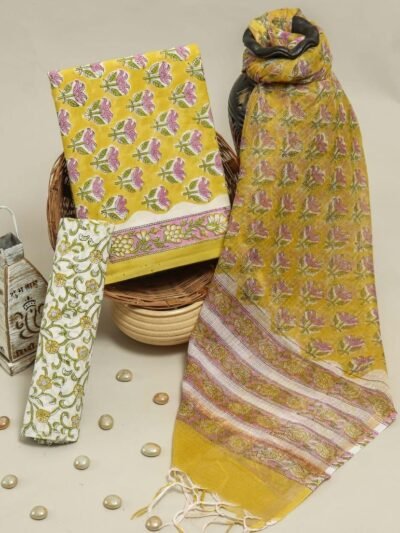 Jaipuri Hand Block Cotton Unstitched Women Dress Material with Kota Doria Dupatta - Yellow