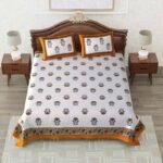 Block Print King Size Bedsheet (Mustard, White), Pure Cotton - Urban Jaipur