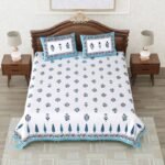 Divine - Block Printed King Size Bed Sheet With 2 Pillow Covers (Blue, White, 100% Cotton)