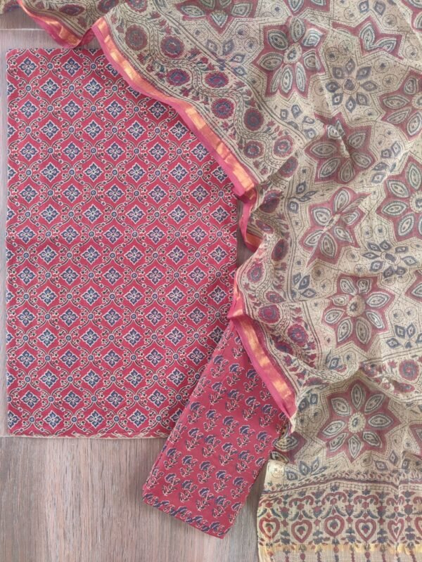 Ajrakh Printed Cotton Suit with Kota Doria Dupatta, Pink, Cream