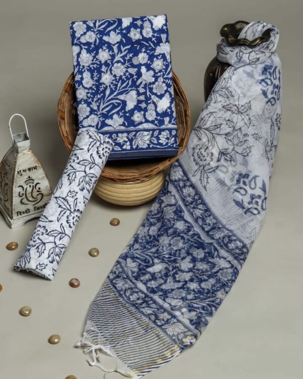 Jaipuri Hand Block Print Blue Cotton Unstitched Dress Material with Kota Doria Dupatta Blue