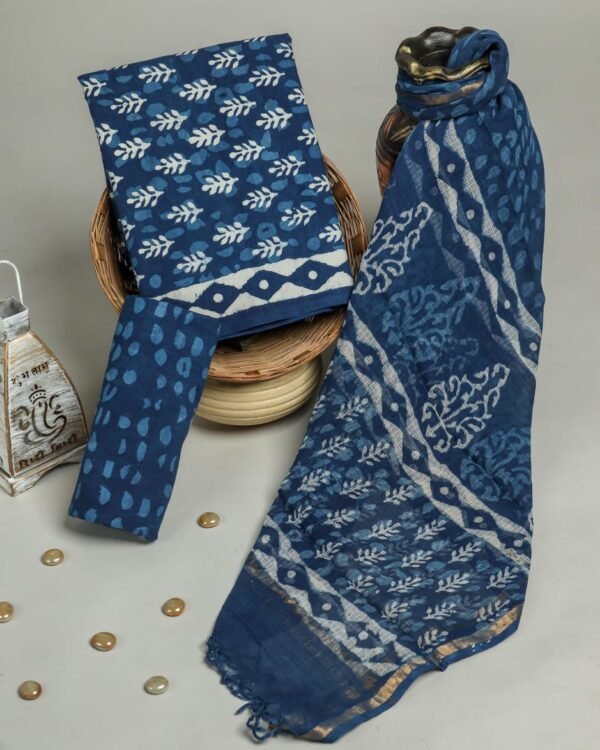 Jaipuri Hand Block Print Midnight Blue Cotton Unstitched Dress Material with Kota Doria Dupatta