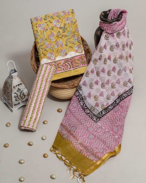 Jaipuri Hand Block Print Yellow Cotton Unstitched Dress Material with Kota Doria Dupatta