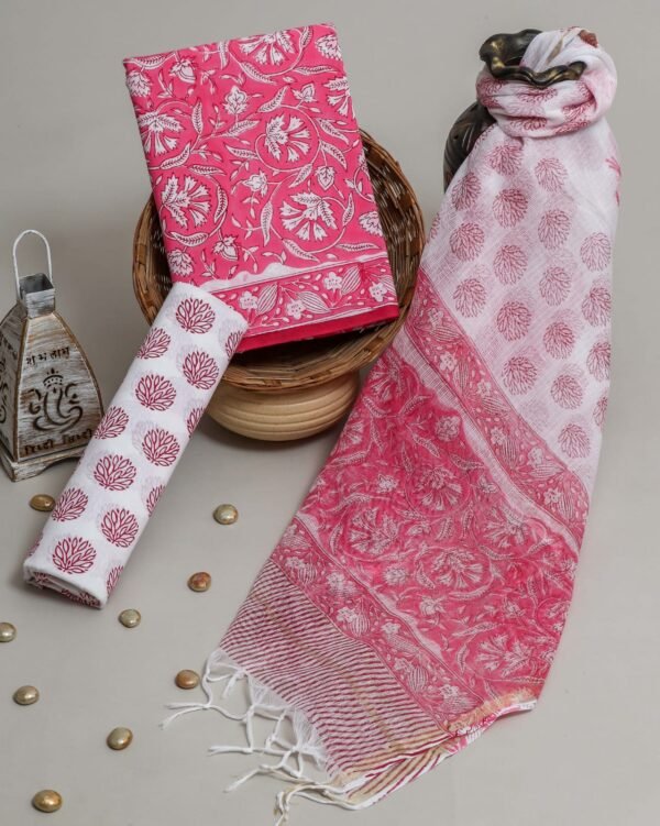 Jaipuri Block Print Cotton Unstitched Dress Material with Kota Doria Dupatta, Pink
