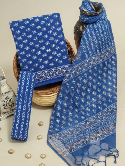 Jaipuri Hand Block Print Blue Cotton Unstitched Dress Material with Kota Doria Dupatta