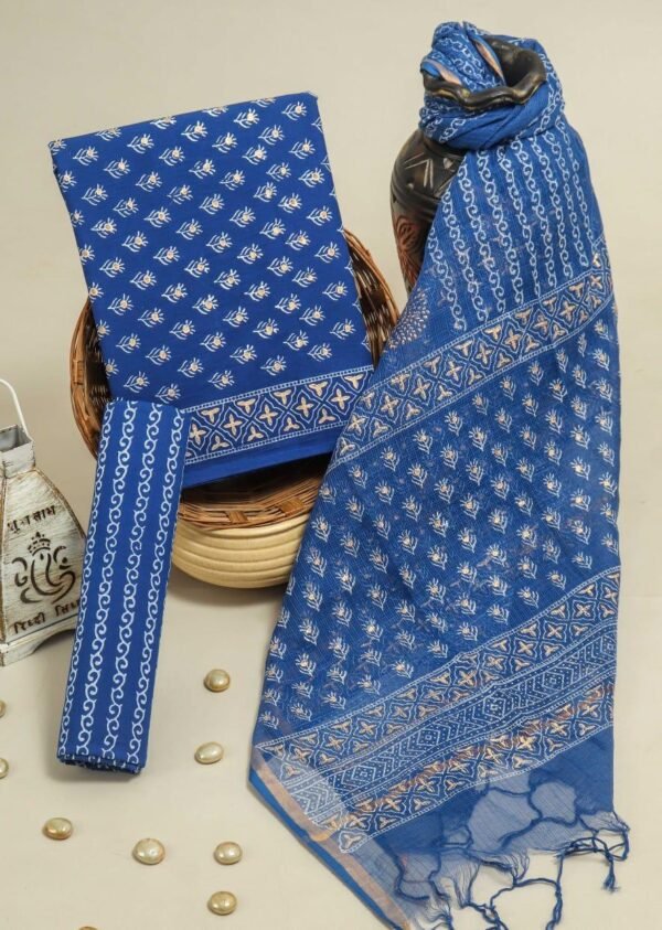 Jaipuri Hand Block Print Blue Cotton Unstitched Dress Material with Kota Doria Dupatta