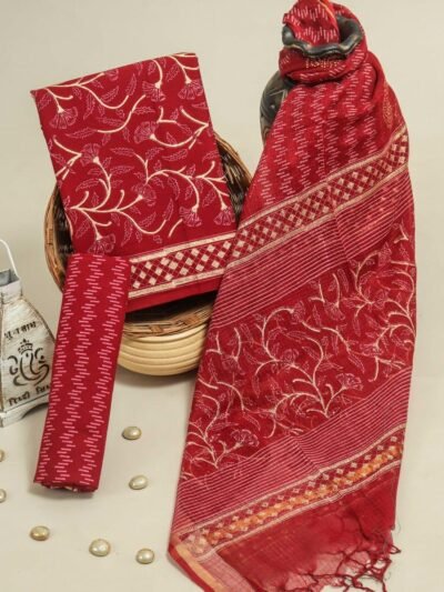 Block Printed Cotton Suit with Kota Doria Dupatta, Red