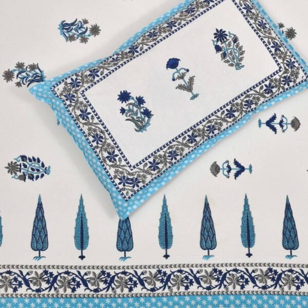 Divine - Block Printed King Size Bed Sheet With 2 Pillow Covers (Blue, White, 100% Cotton) - bedsheet design