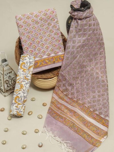 Jaipuri Block Print Cotton Unstitched Dress Material with Kota Doria Dupatta, Purple