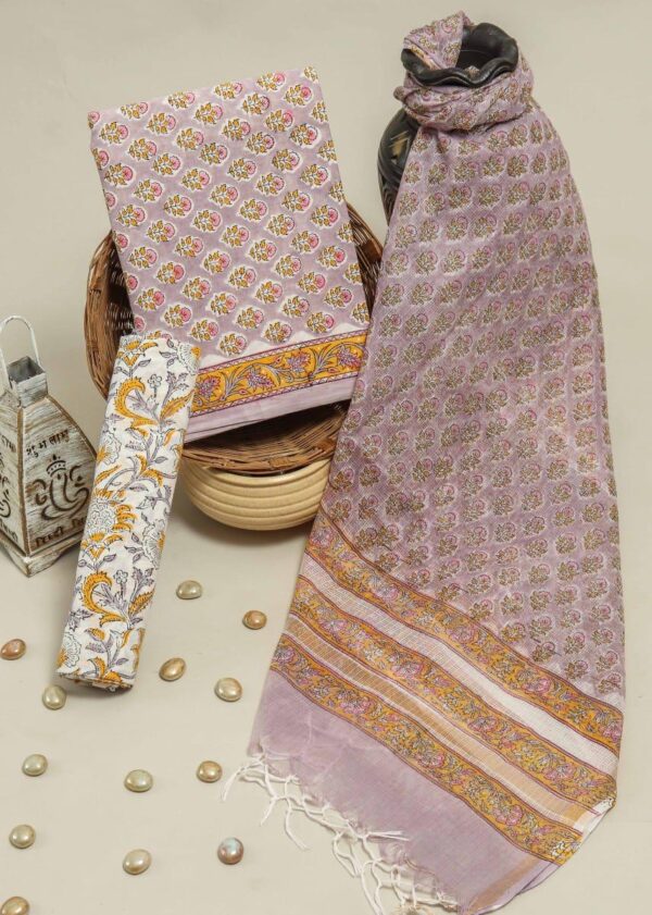 Jaipuri Block Print Cotton Unstitched Dress Material with Kota Doria Dupatta, Purple