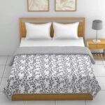 Leaf Print Double Bed Cotton Dohar (100% Cotton, Reversible) -Grey