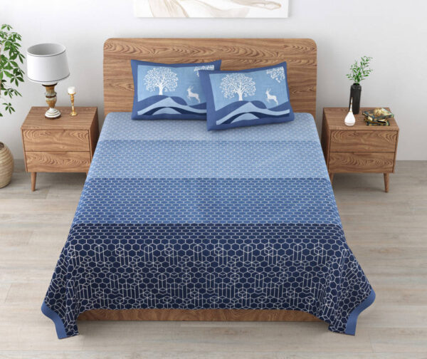 Tulip - Geometric Print Pure Cotton King Size Bedsheet With 2 Pillow Covers (Blue)