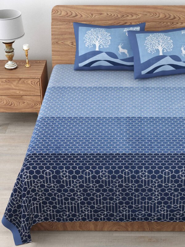 Tulip - Geometric Print Pure Cotton King Size Bedsheet With 2 Pillow Covers (Blue)